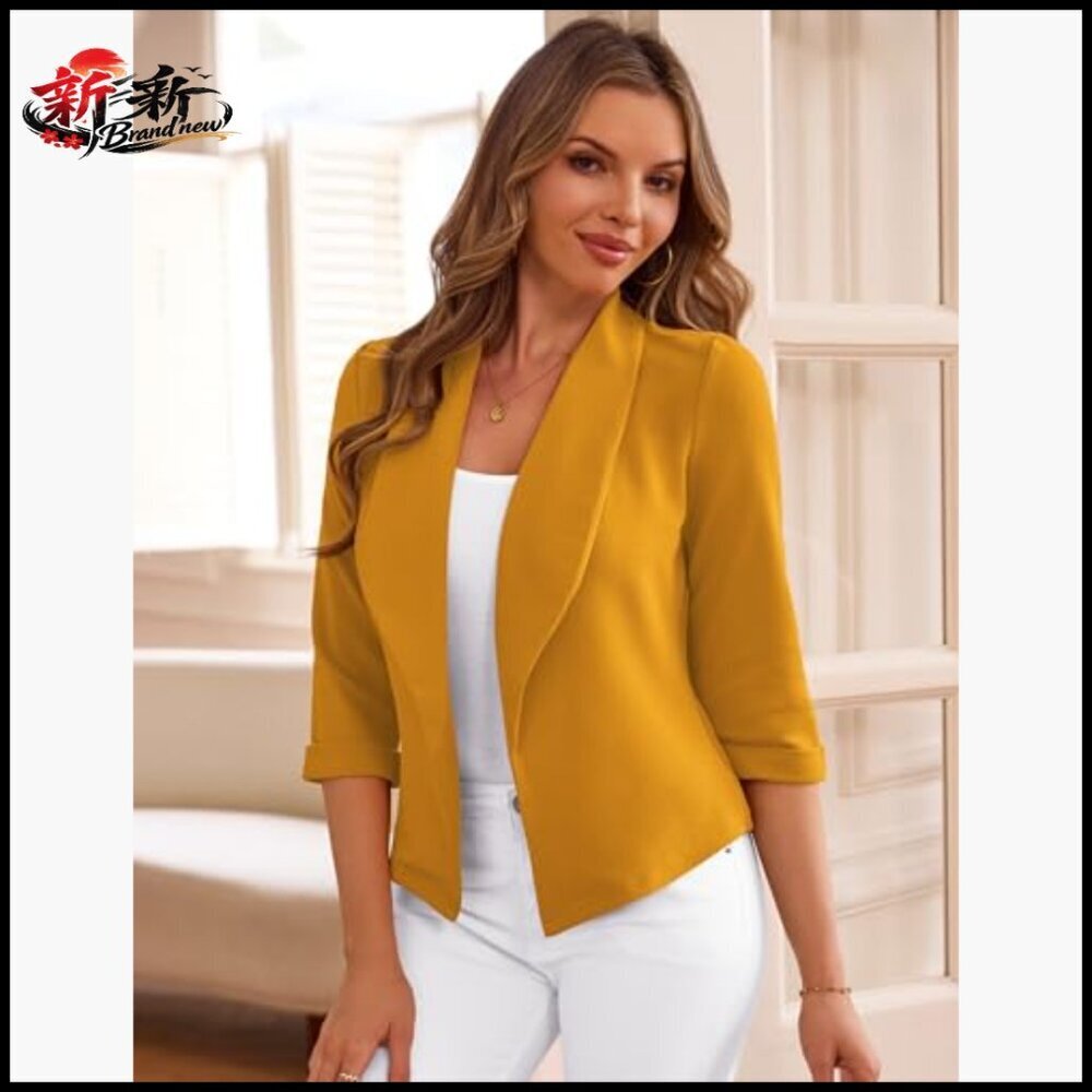 Lightweight Cropped Blazer 3/4 Sleeve Open Front Polyester Blazer - Picture 3 of 5